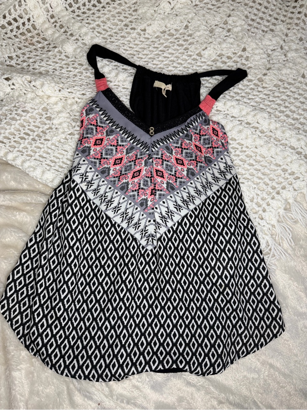Rewind Black Tank Top with Pink & Gray Patterned Yoke